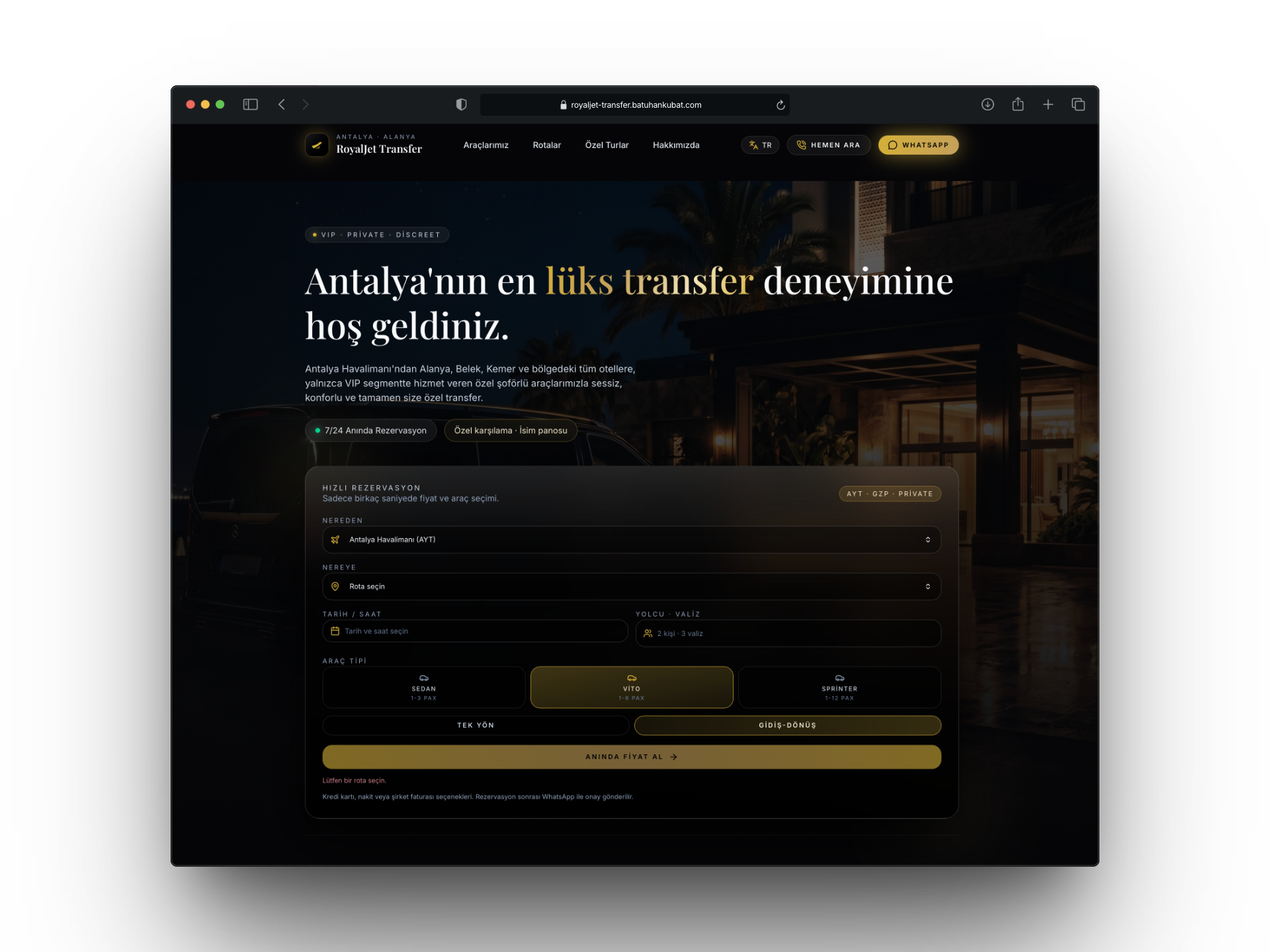 RoyalJet VIP Transfer — Alanya web sitesi tasarım örneği (Batuhan Kubat)